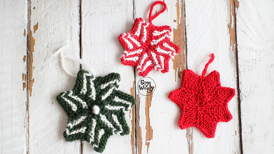 Adornos de Navidad tejidos en dos agujas, calceta, tricot. Soy Woolly.